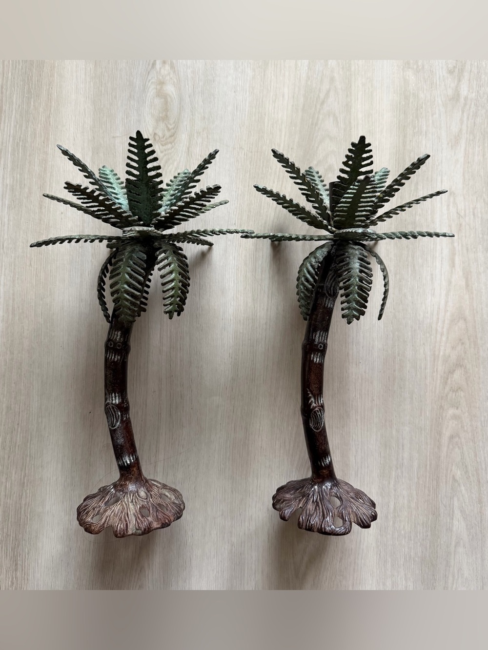 Vintage Pair of Heavy Cast Iron Palm Tree Candle Holder Candlesticks 12"